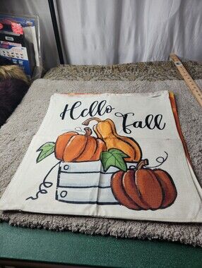 Hello Fall Pumpkin Decorative Pillow Cover - Orange, Green - Set Of 4